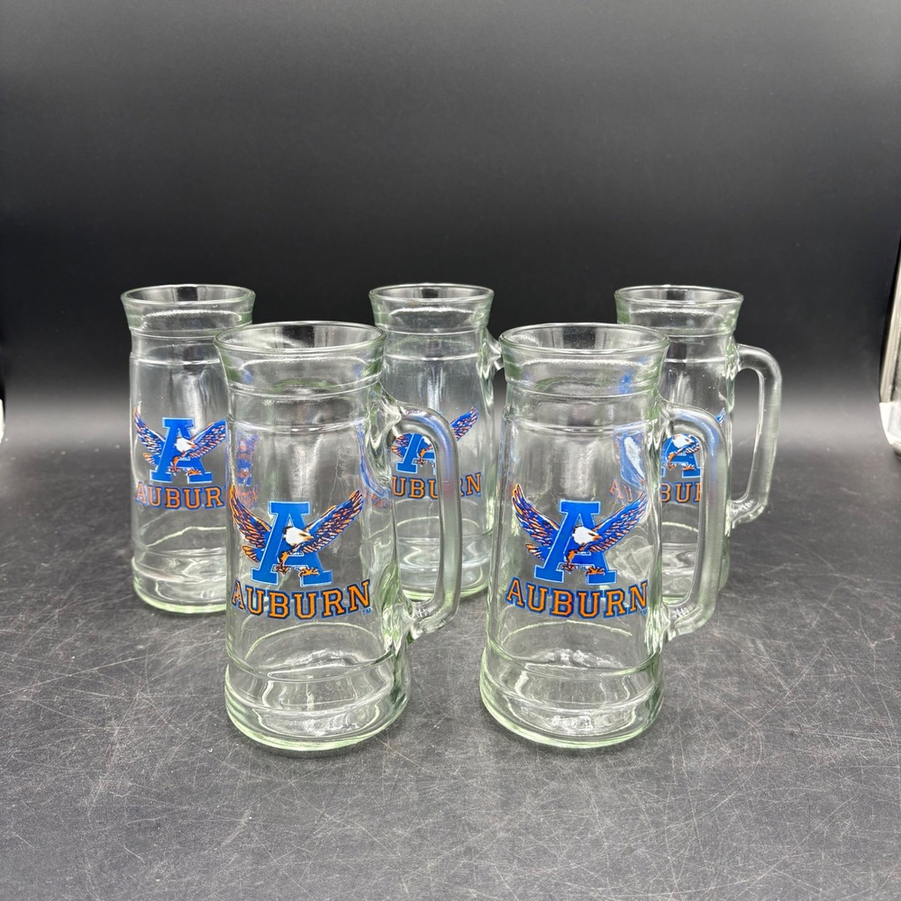 Vintage Auburn University Tigers Glass Beer Mugs Set of 5 Blue Orange Logo Stein